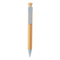 Vue Stylo en bambou avec clip en fibre de paille de couleur bleu| Krokrodeal
