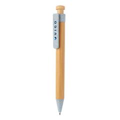 Vue Stylo en bambou avec clip en fibre de paille de couleur bleu| Krokrodeal
