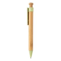 Vue Stylo en bambou avec clip en fibre de paille de couleur vert| Krokrodeal