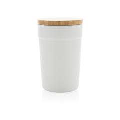 Vue Mug 300ml en PP recyclé GRS avec couvercle en bambou de couleur blanc| Krokrodeal