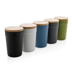 Vue Mug 300ml en PP recyclé GRS avec couvercle en bambou de couleur blanc| Krokrodeal
