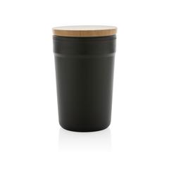 Vue Mug 300ml en PP recyclé GRS avec couvercle en bambou de couleur noir| Krokrodeal