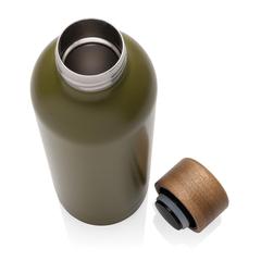 Vue Bouteille iso en acier inoxydable recyclé certifiée RCS Wood de couleur vert| Krokrodeal
