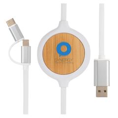 Vue Câble 3 en 1 avec chargeur sans fil en Bambou 5W de couleur blanc| Krokrodeal