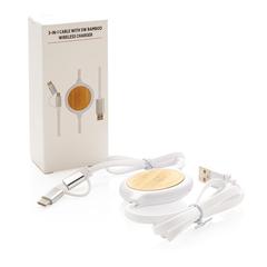Vue Câble 3 en 1 avec chargeur sans fil en Bambou 5W de couleur blanc| Krokrodeal
