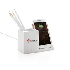 Vue Chargeur 10W avec porte-stylo en ABS recyclé RCS Ontario de couleur blanc| Krokrodeal