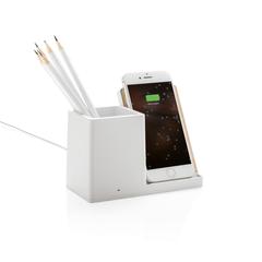 Vue Chargeur 10W avec porte-stylo en ABS recyclé RCS Ontario de couleur blanc| Krokrodeal